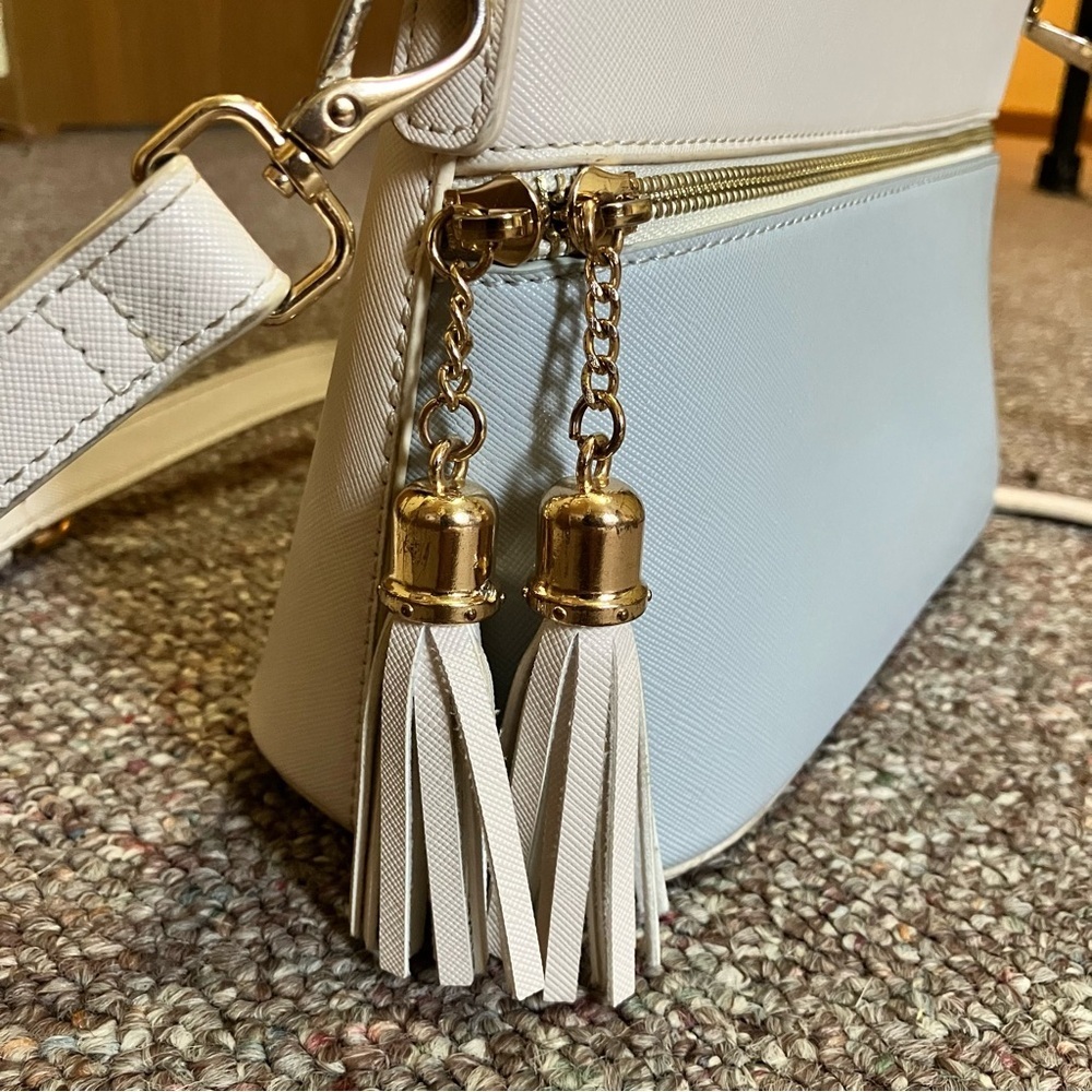 Lovevook White and Light Blue Crossbody Bag with Tassel Accent Adjustable Strap - Picture 3 of 7